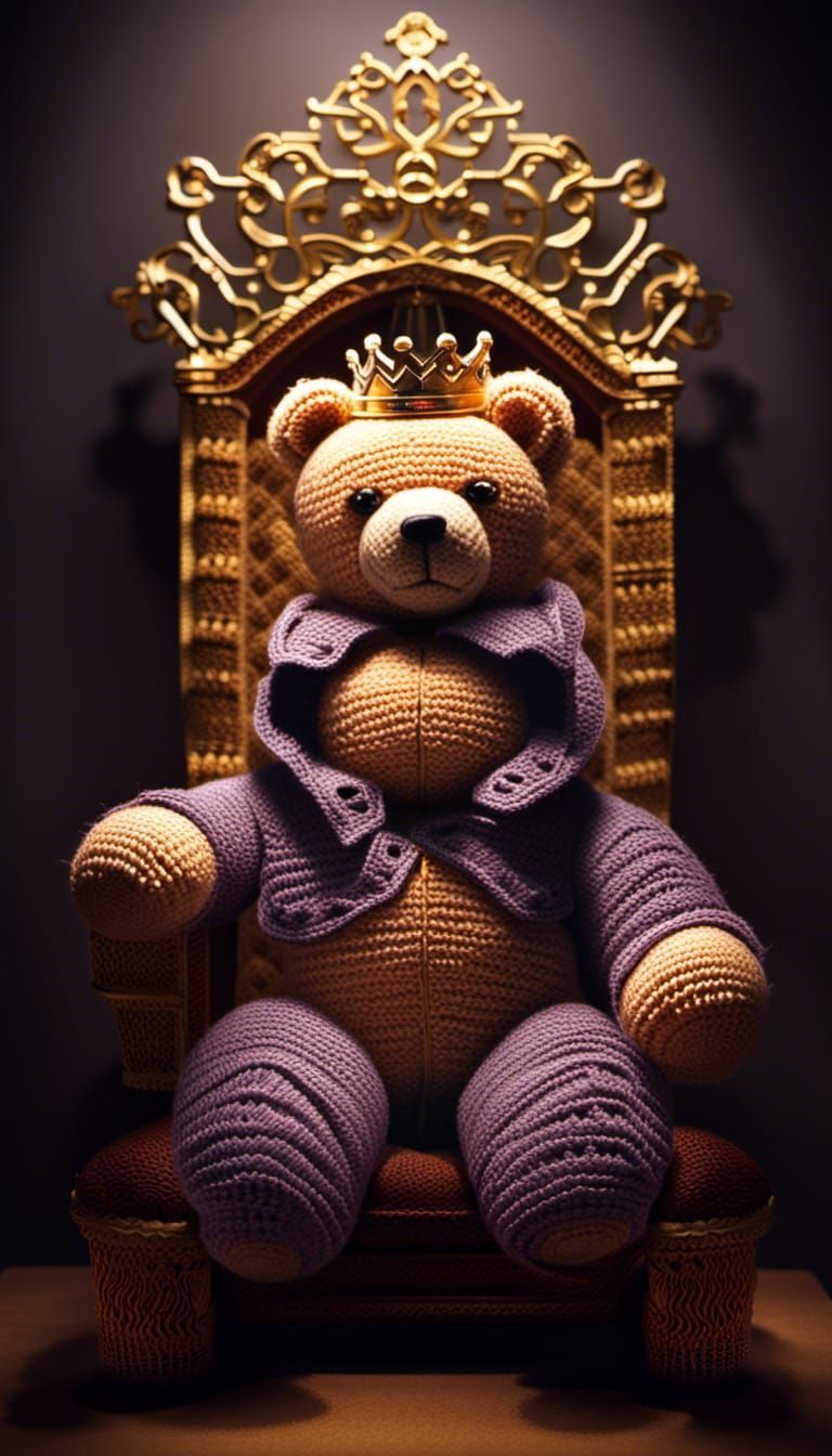 Hyperrealistic Crocheted Teddy Bear King on Throne