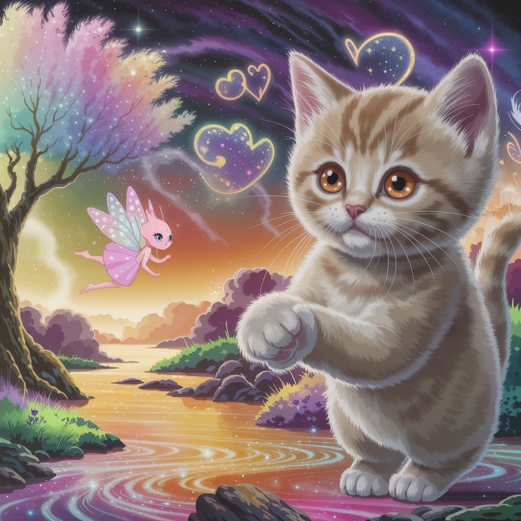Surreal Whimsy: Light Tan Kitten Meets Pastel Fairy in Vibra...