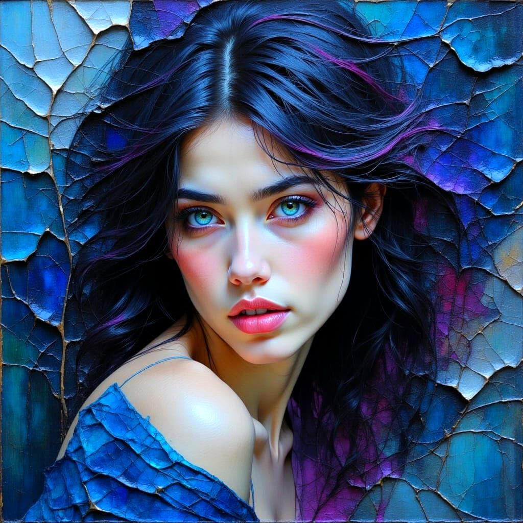 Vibrant Dark Haired Beauty in Aquamarine and Plum Crinkled R...