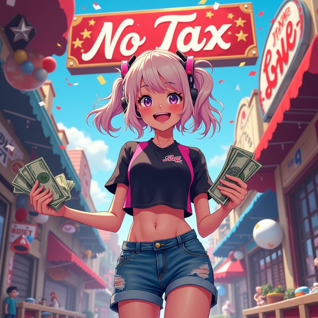 Anime Gamer Girl Celebrates "No Tax" in Pop Art Style