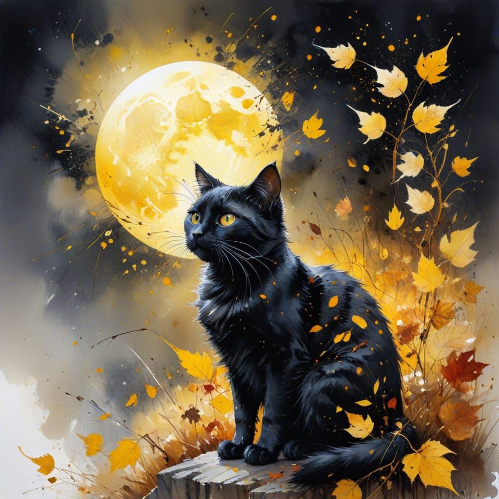Cute Black Cat Under Yellow Harvest Moon