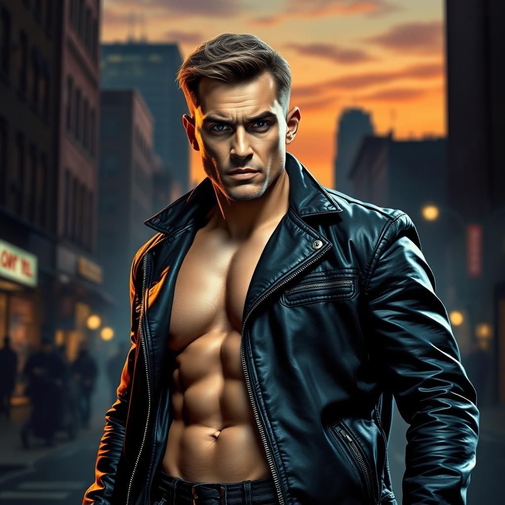 Handsome Action Star in Gritty Noir Cityscape
