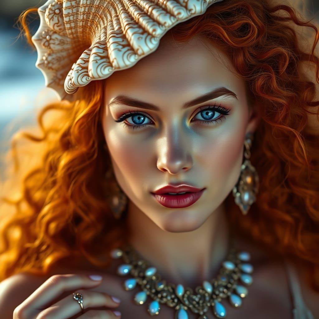 Serene Woman with Fiery Red Hair and Seashell Adornments