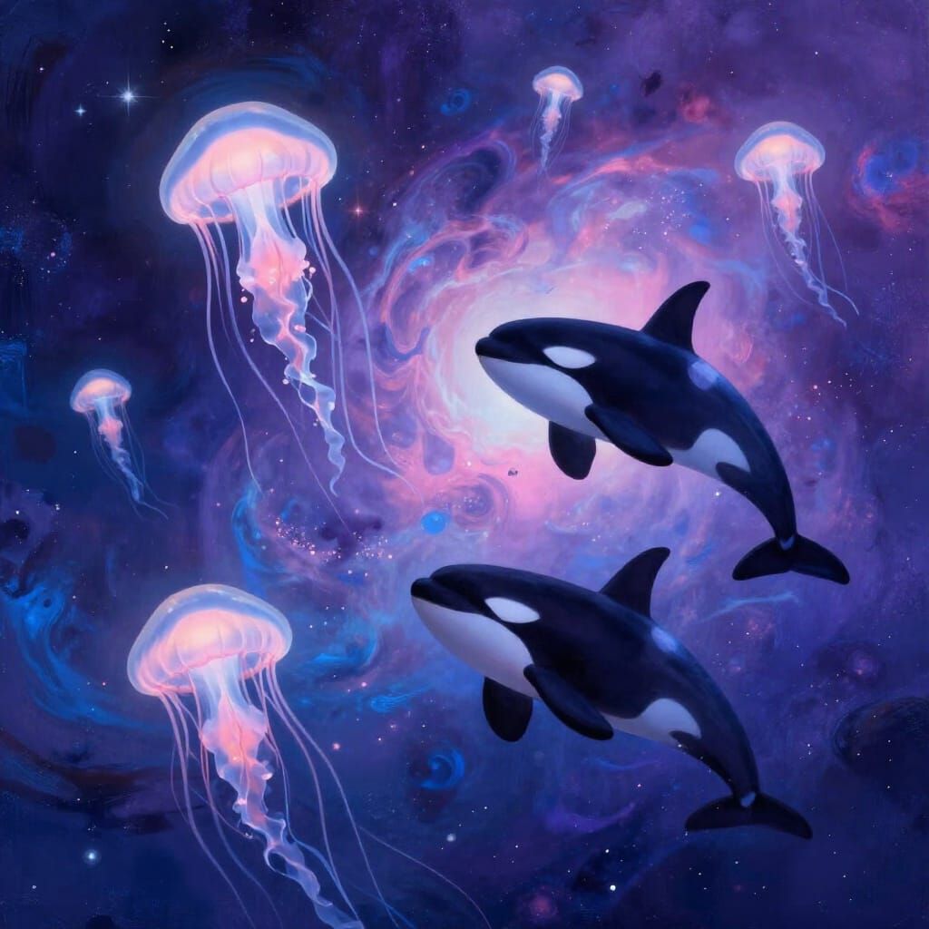 Bioluminescent Jellyfish and Orcas in Cosmic Nebula
