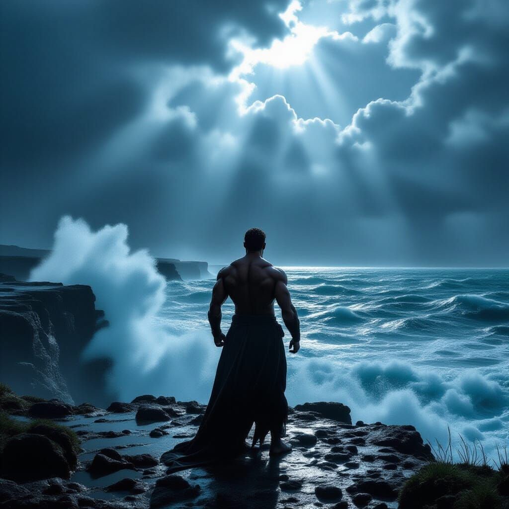 Muscular Figure on Cliff Overlooking Turbulent Sea