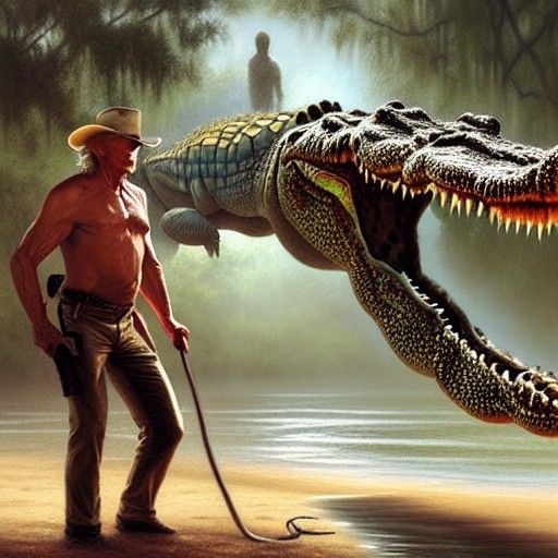 Hyperrealistic Crocodile Dundee Wrestling a Gator