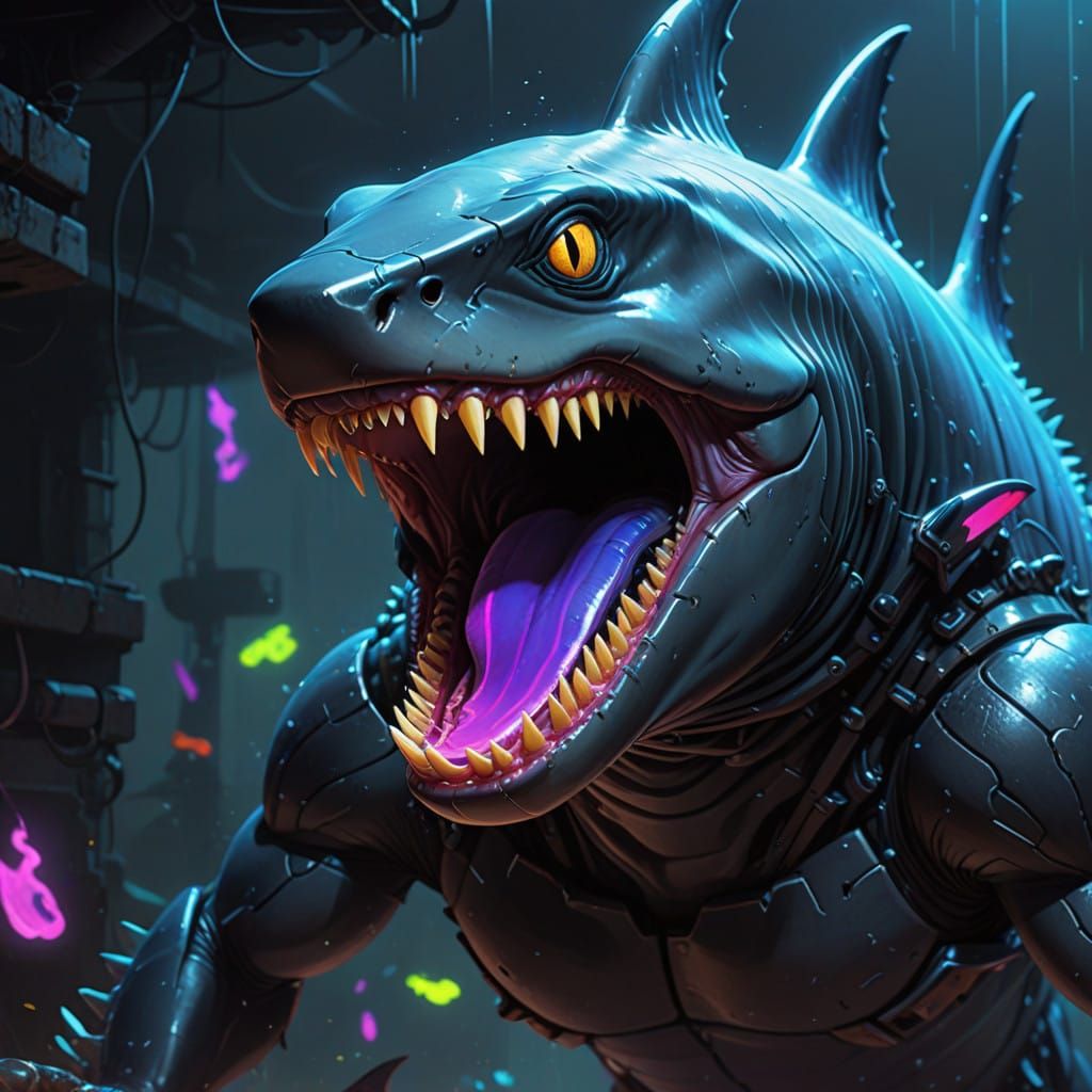 Ethereal Alien Shark-Creature in Cyberpunk Aesthetic