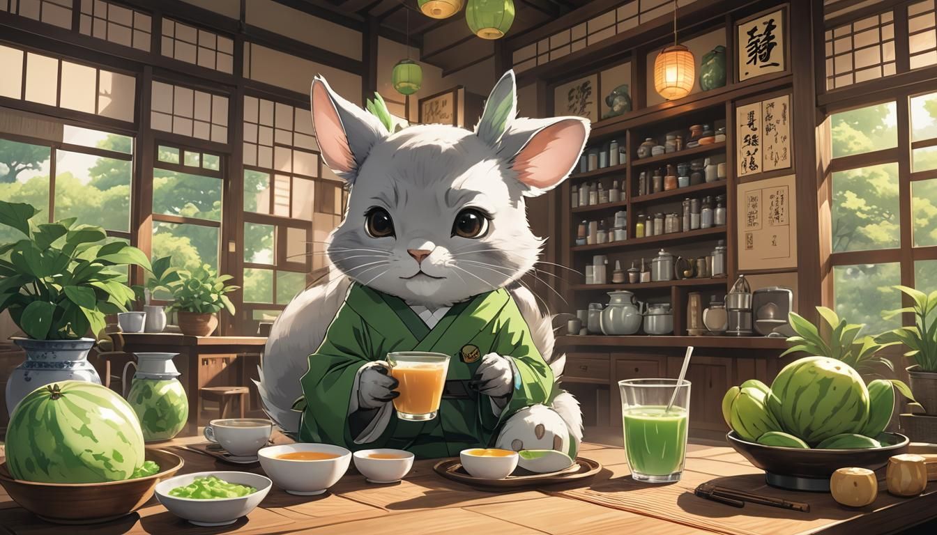 Chinchilla Sipping Tea in Japanese Anime Style