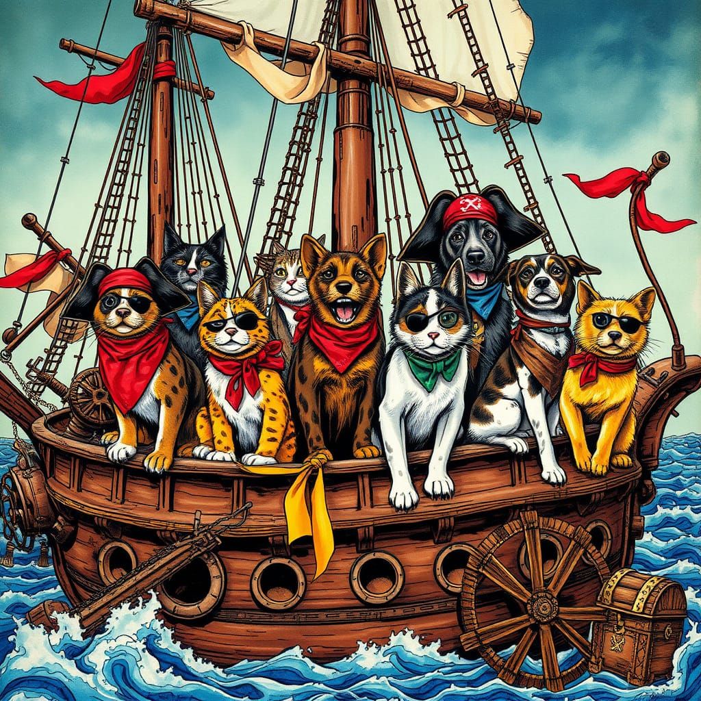 Pirate Cats and Dogs on Ship in Alcohol Ink Style