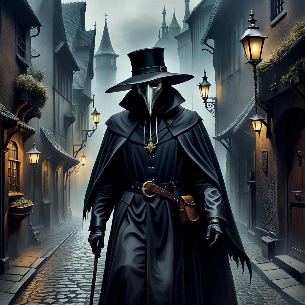 Sinister Plague Doctor in Foggy Medieval Street