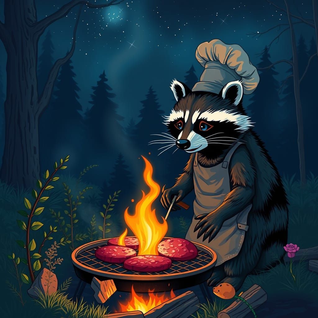 Raccoon Chef BBQ Under Starry Sky, Digital Art