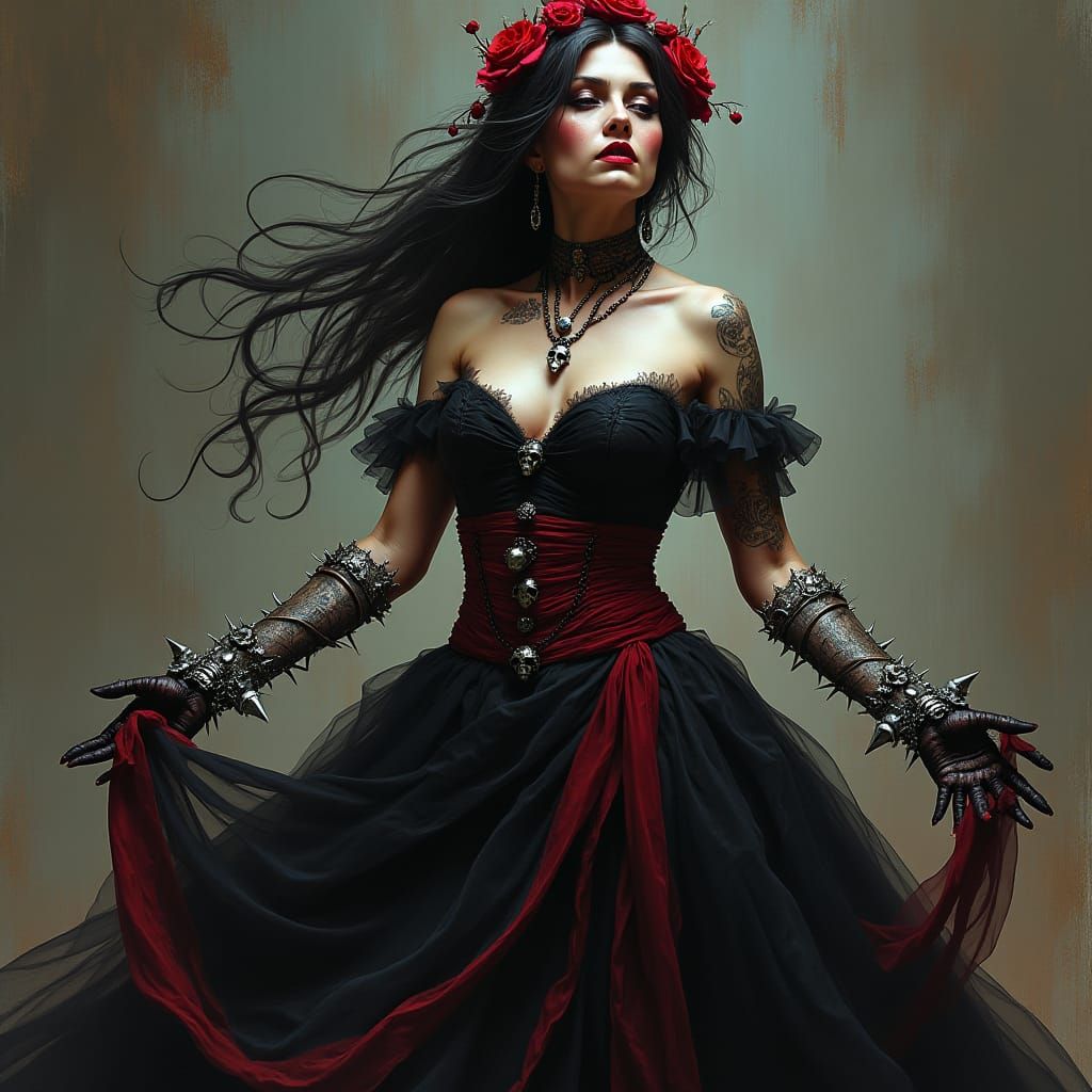 Gothic Princess with Tattoos in Dark Wedding Dress