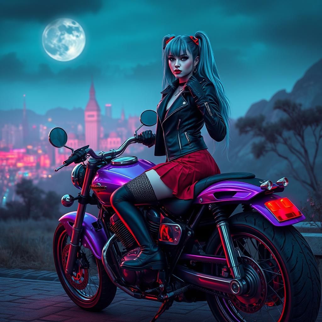 Goth-Punk Girl on Motorcycle in Fantasy Landscape