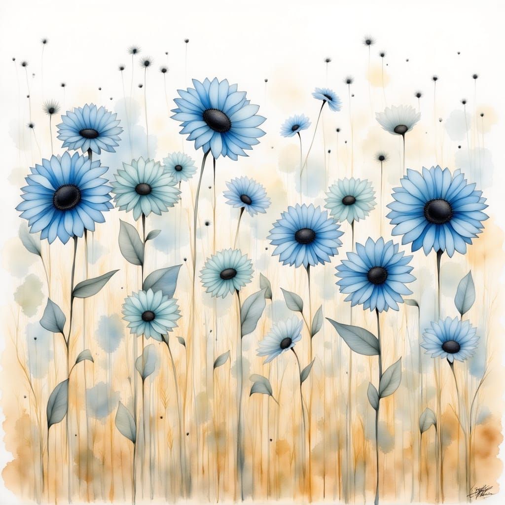 Pastel Ink Wheat Field with Sunflowers and Ribbons