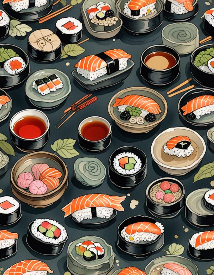 Sushi in Zen Garden Ink Art with Traditional Japanese Colors