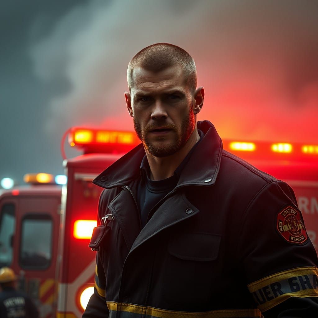 Daring Firefighter in High-Stakes Rescue, Shot in Cinematic...