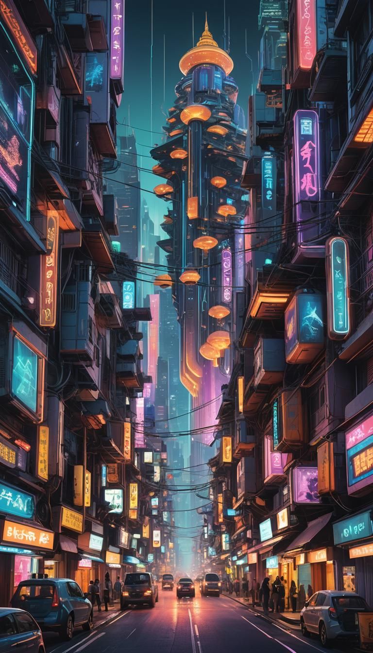 Bangkok Street Scene with Quantum Portals in Cyberpunk Style