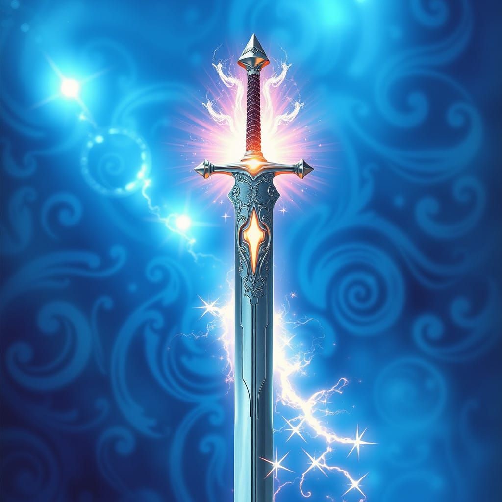 Ethereal Silver Sword on Iridescent Background