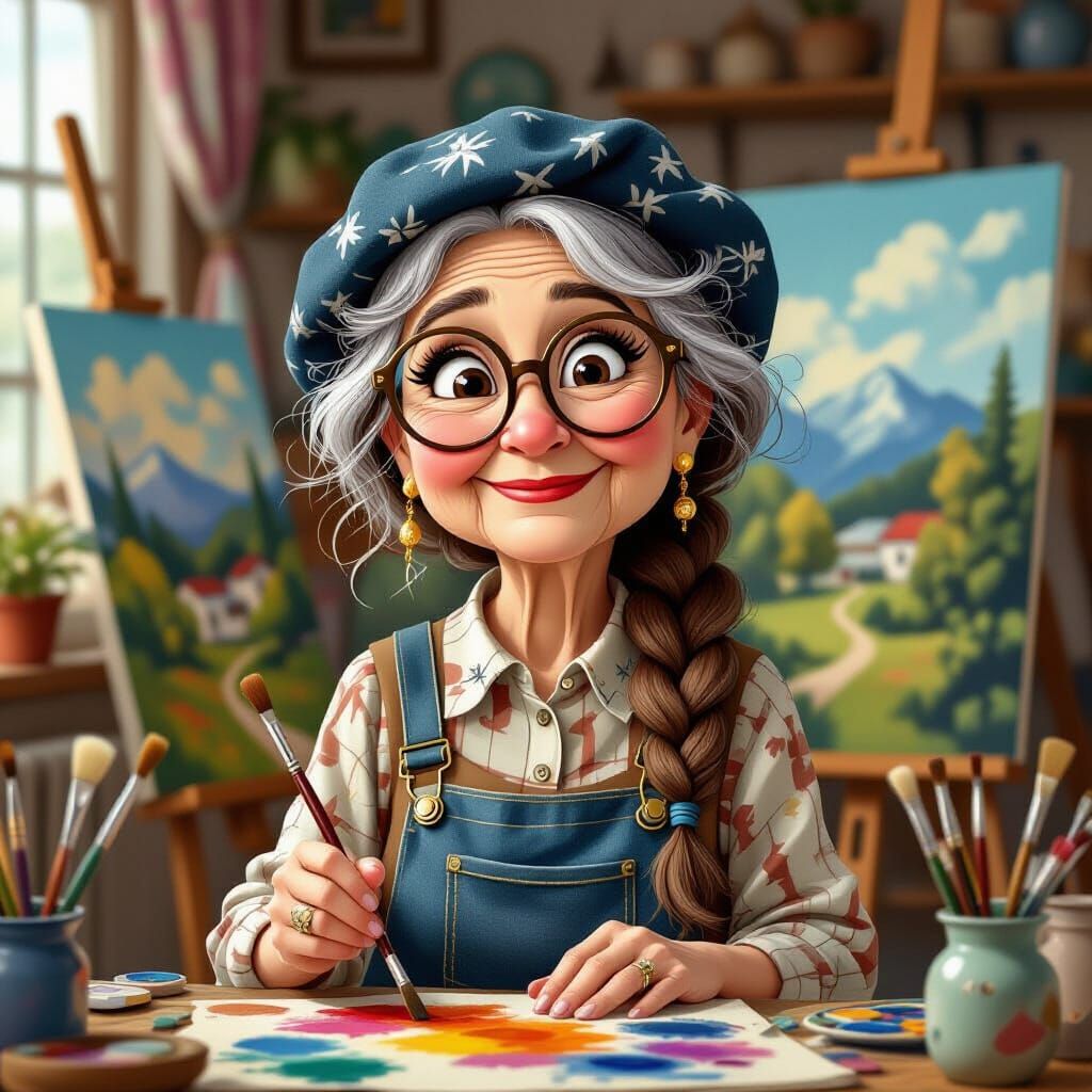 Expressive Elderly Painter in Surrealist Style