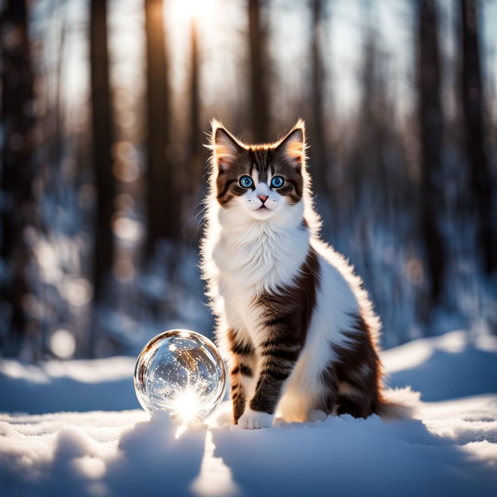 Glass Kitten Sculpture in Winter Landscape