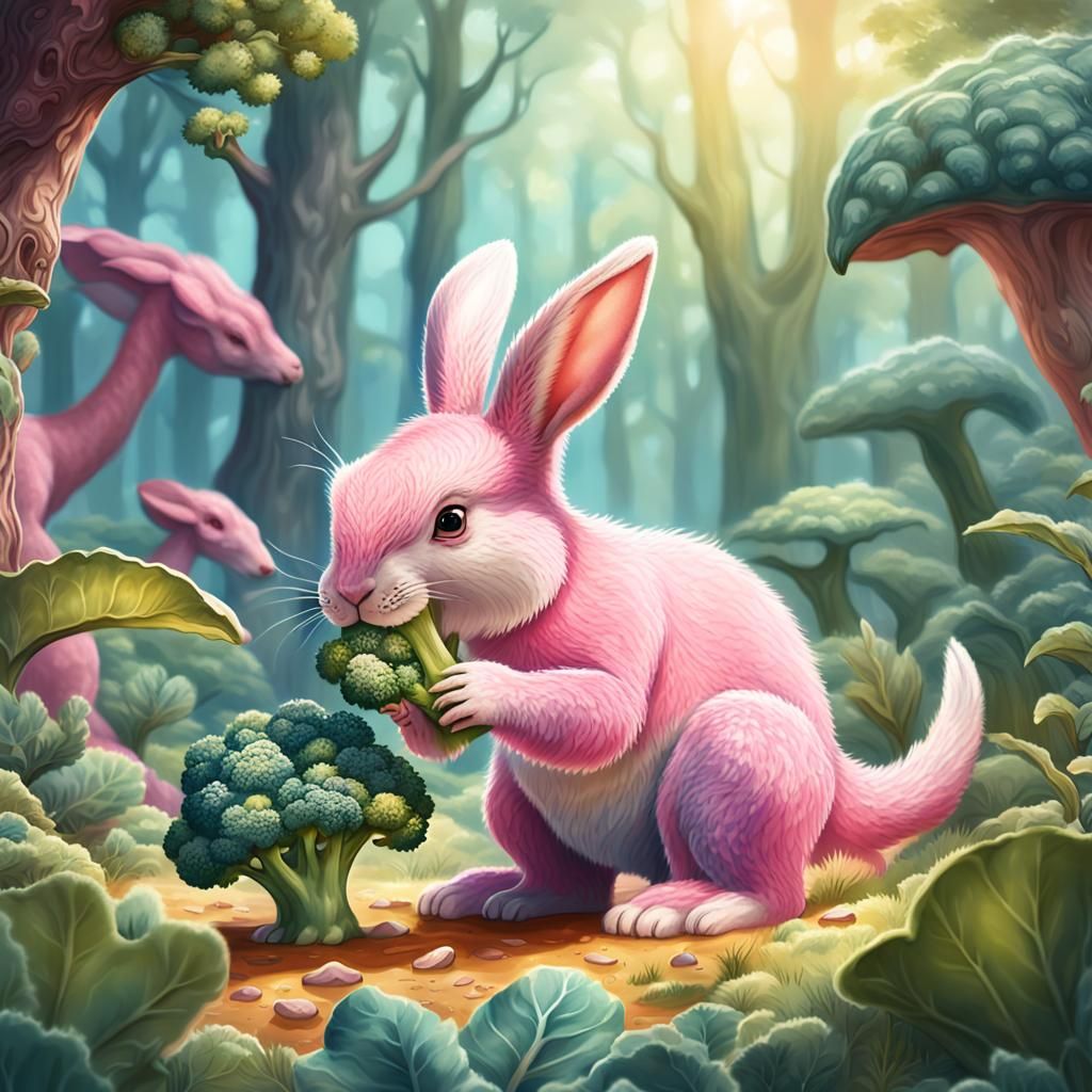 Pink Rabbit and Dinosaur in Whimsical Illustration