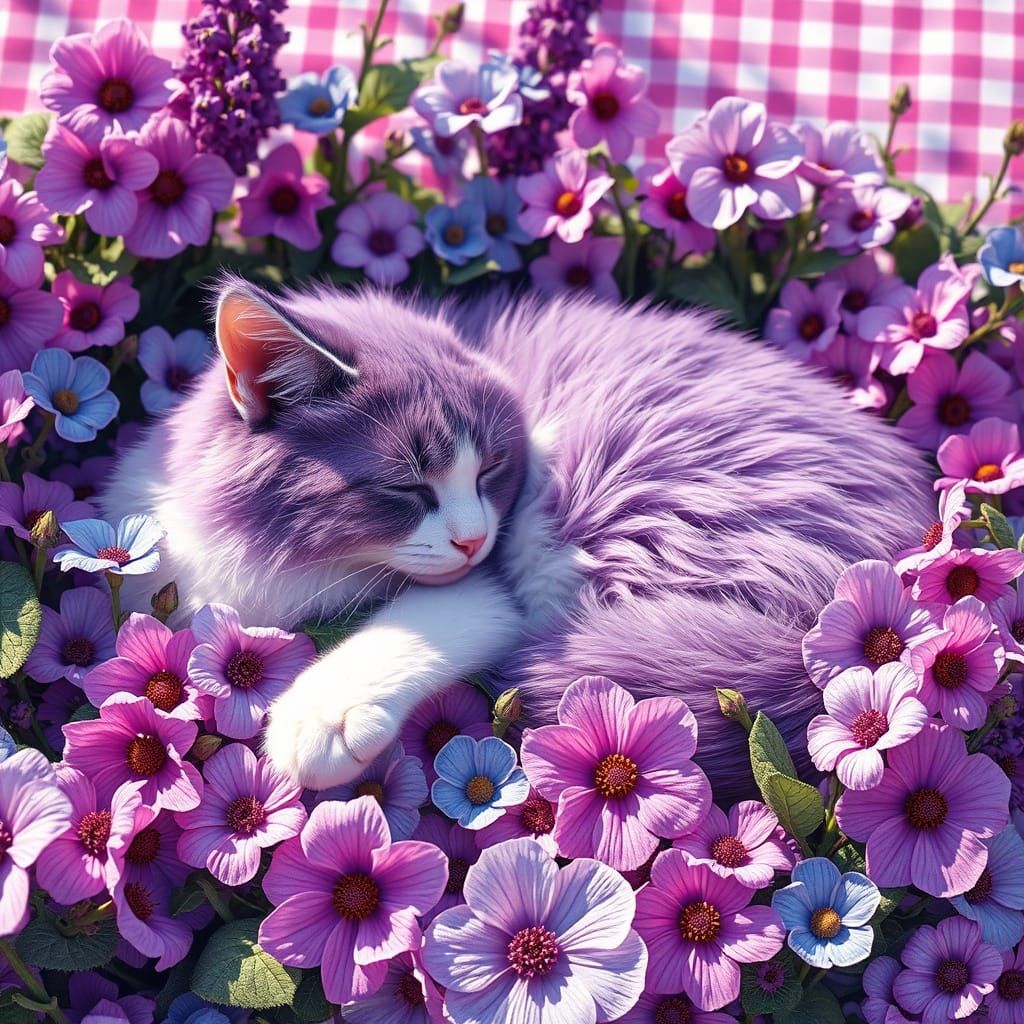 Whimsical Gingham Garden Scene with Sleeping Purple and Whit...