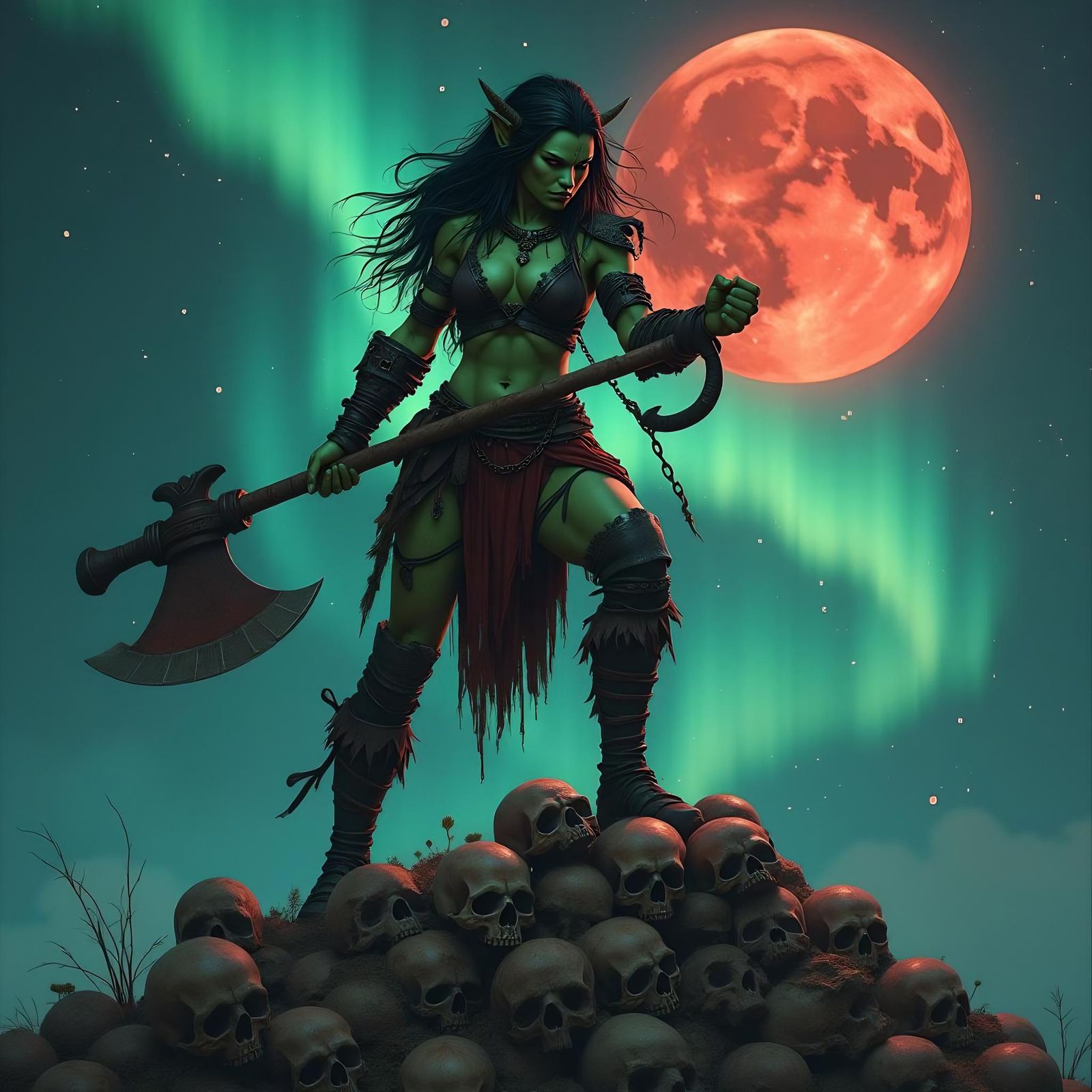 Fantasy Orc Warrior Girl Under Blood Moon