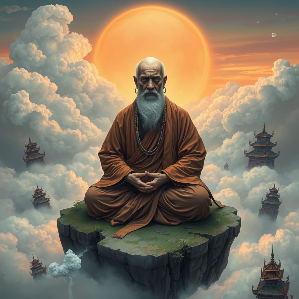 Cyborg Monk Meditates on Floating Island