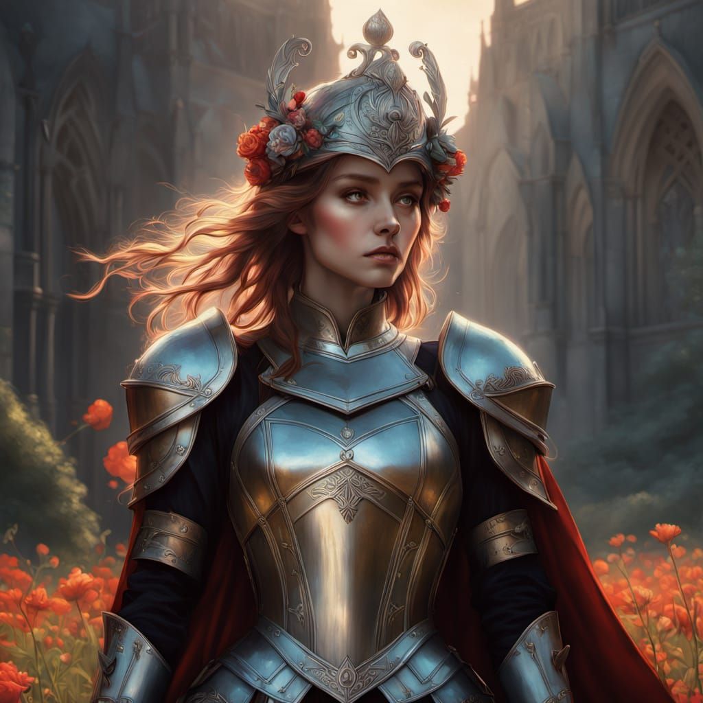 Gothic Female Knight Amidst Wildflowers in Ethereal Light