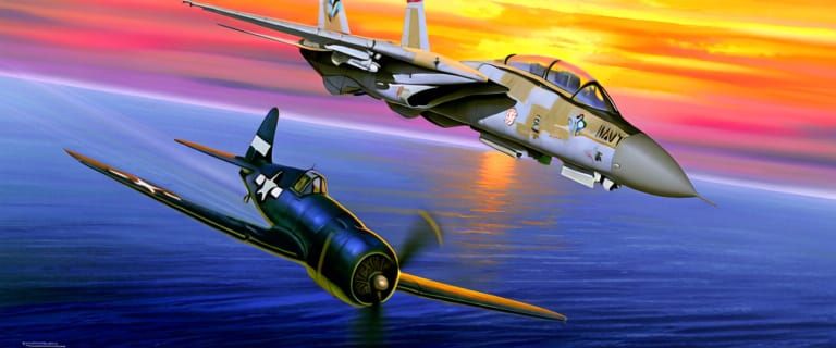 F-14 Tomcat and F6F Hellcat Flying Over Ocean at Sunset