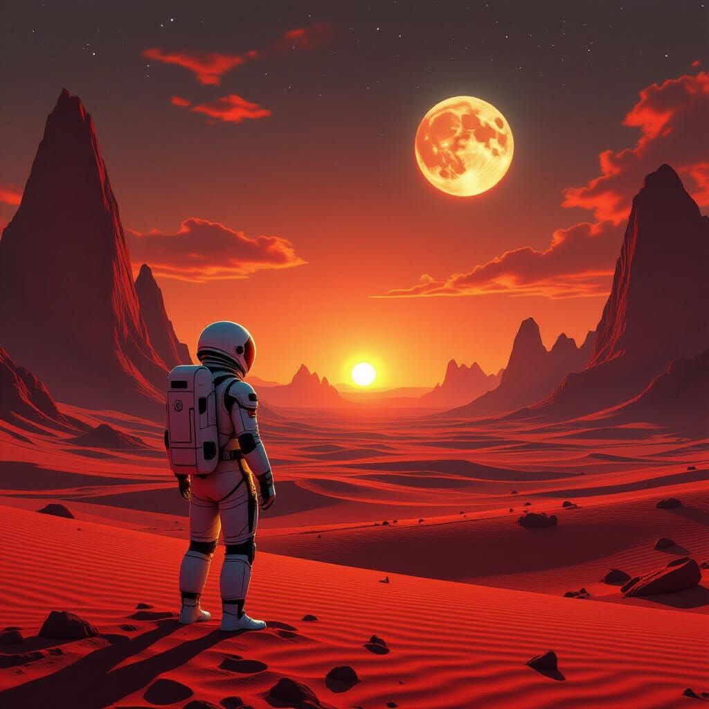 Astronaut on Crimson Planet Under Binary Sunset