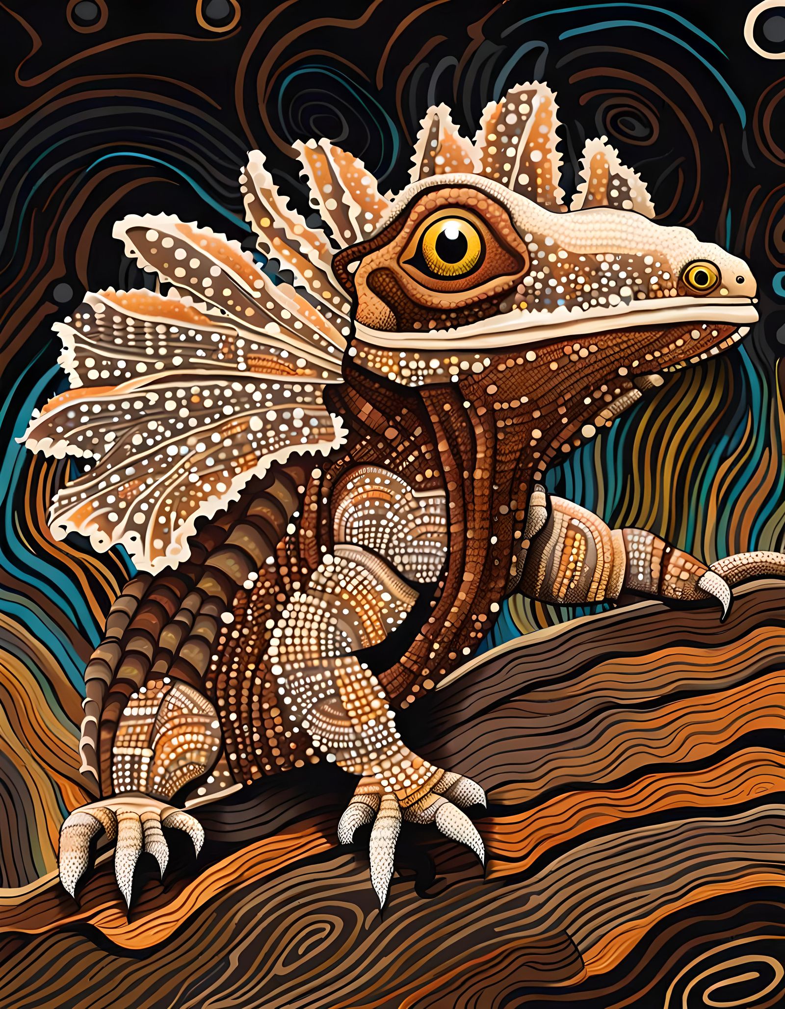 Frilled Lizard Running in Outback: Aboriginal Art