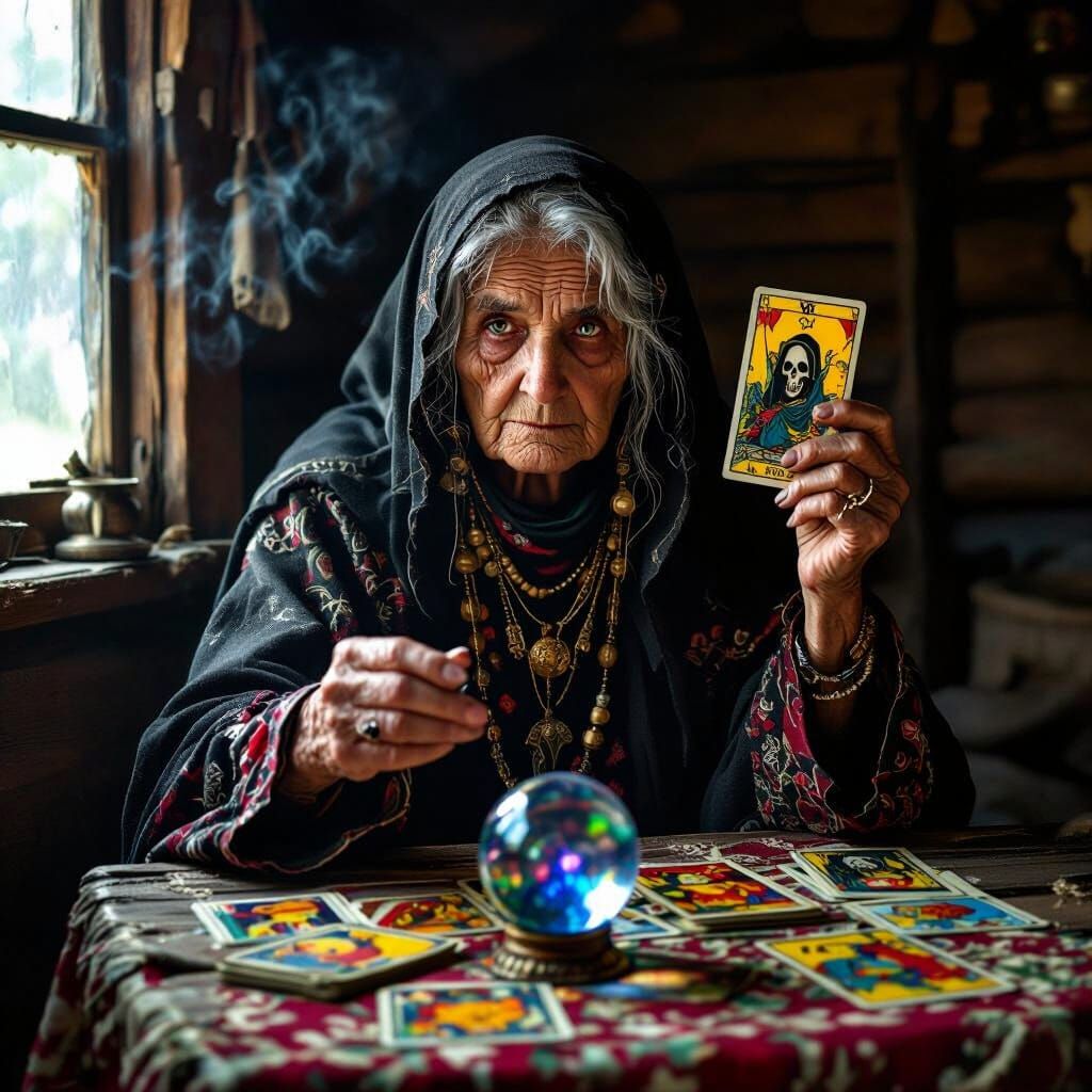 Gypsy Woman Holding Death Tarot Card