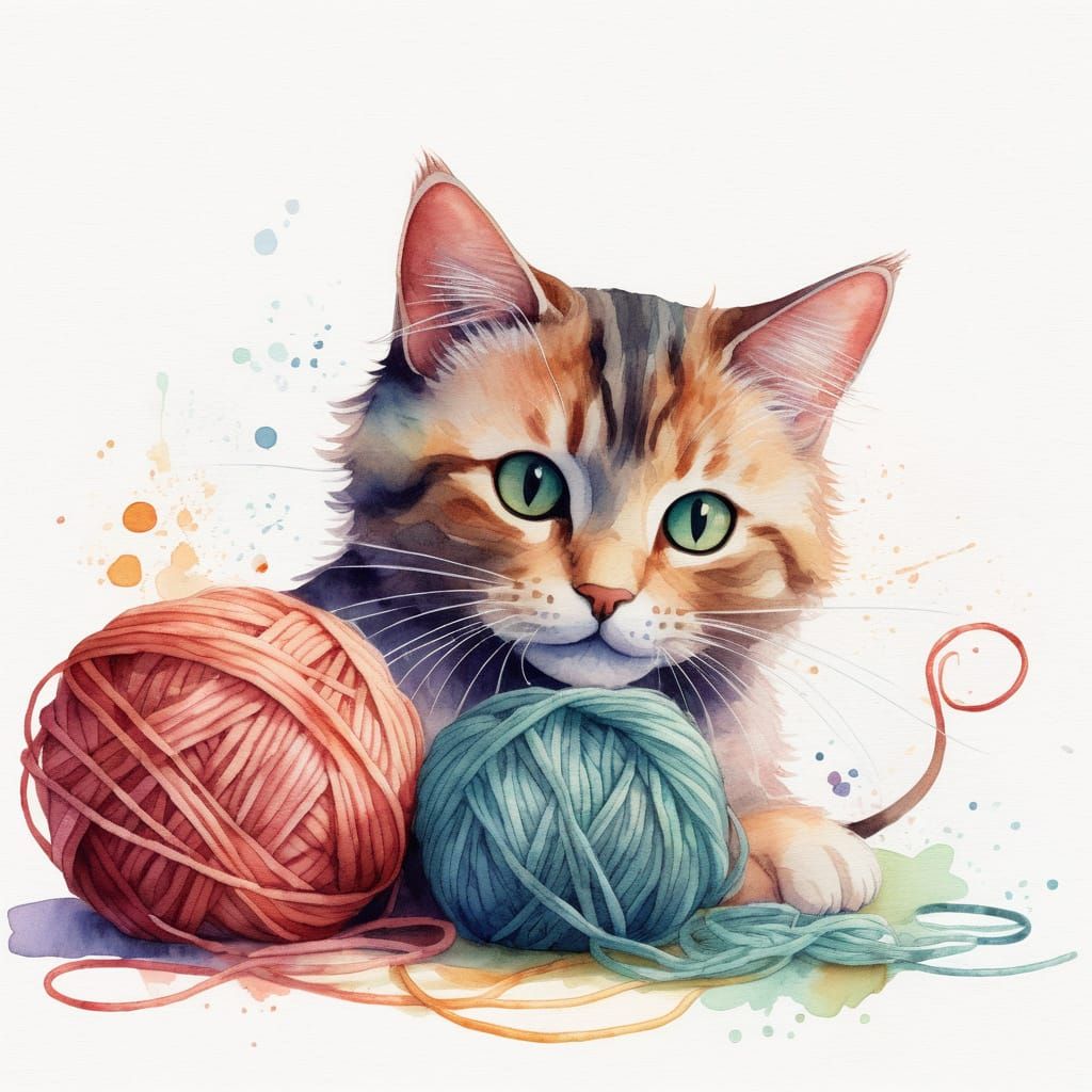 Playful Cat with Yarn in Watercolor Style