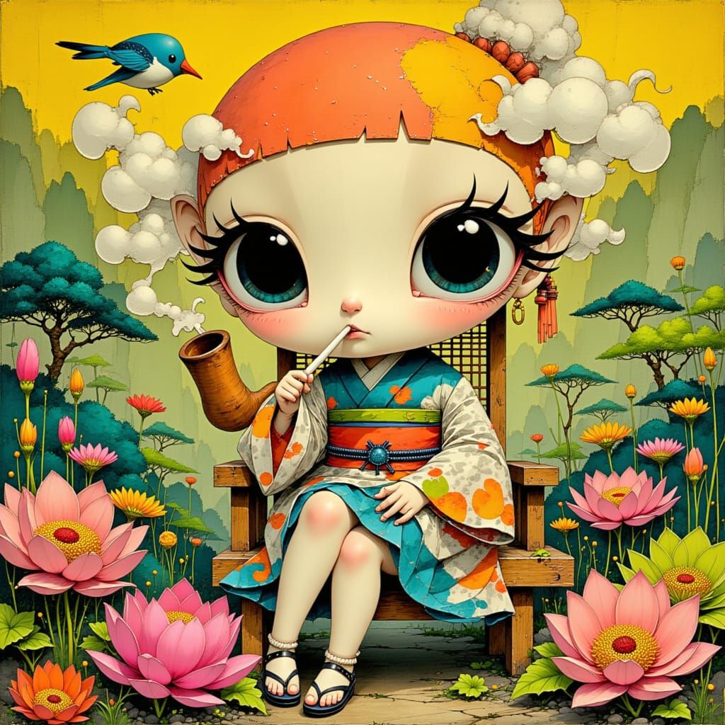 Kawaii modern kimono girl smoking her pipe