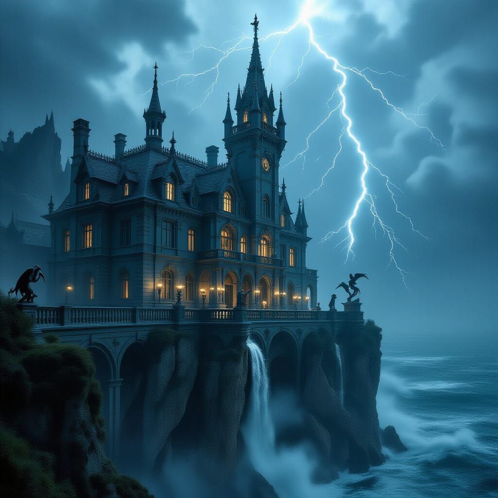 Gothic Mansion Hideout on Stormy Cliffside