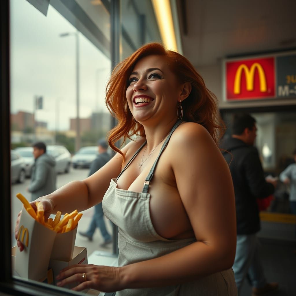 Redhead Laughing in Oily Fast Food Restaurant