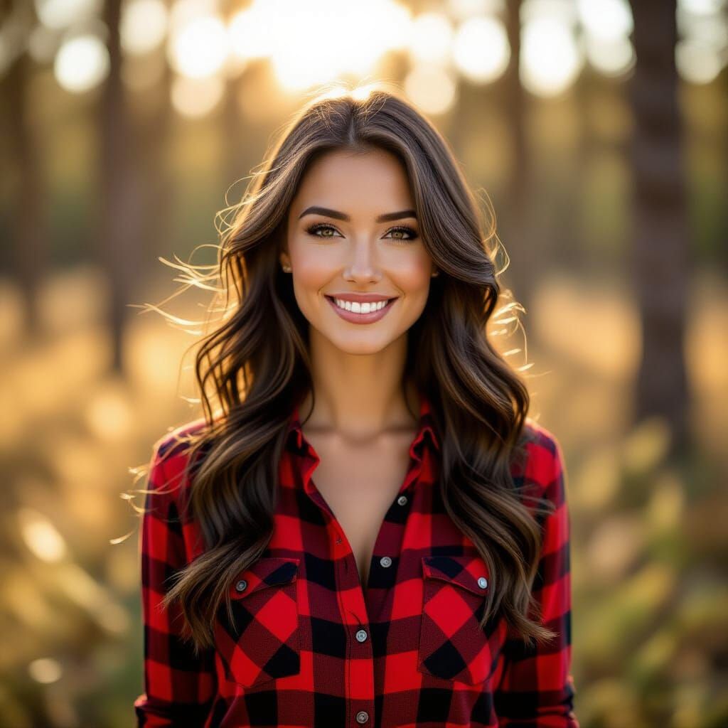 Beautiful Woman in Plaid Shirt in Forest Clearing