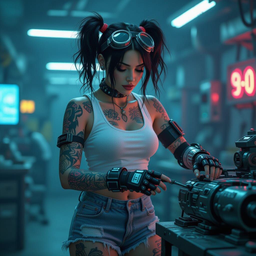 Cyborg Mechanic in Neon-Lit Dystopian Scene