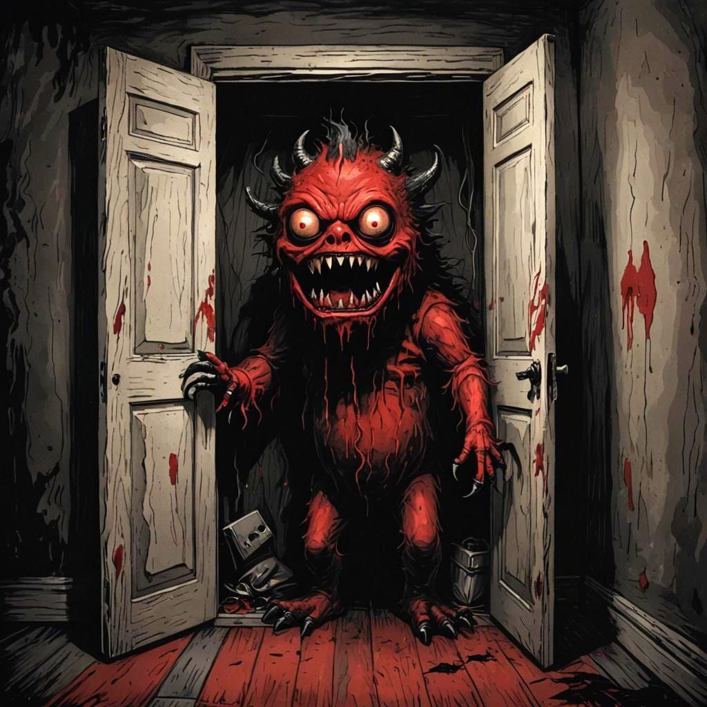 Eerie Red and Black Monster in Dark Closet