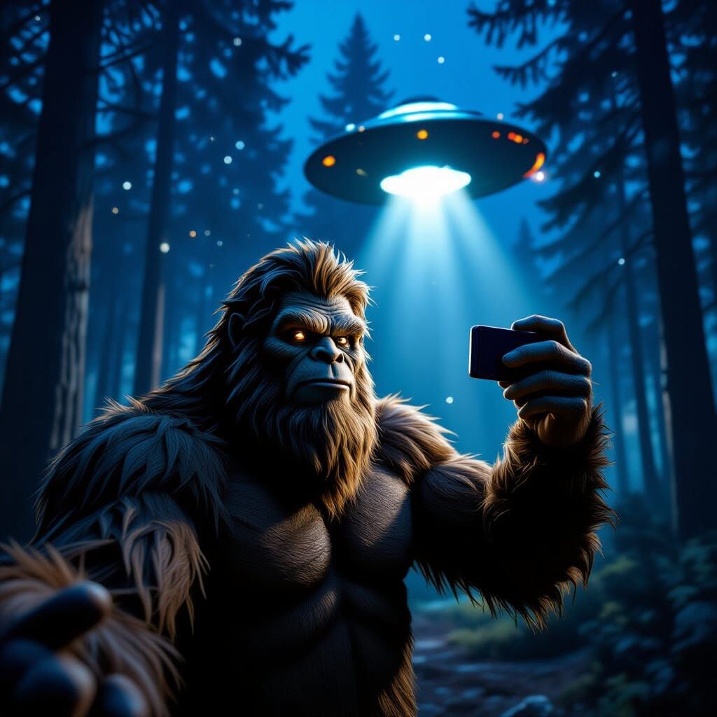 Bigfoot Selfie with Spaceship in Forest at Night