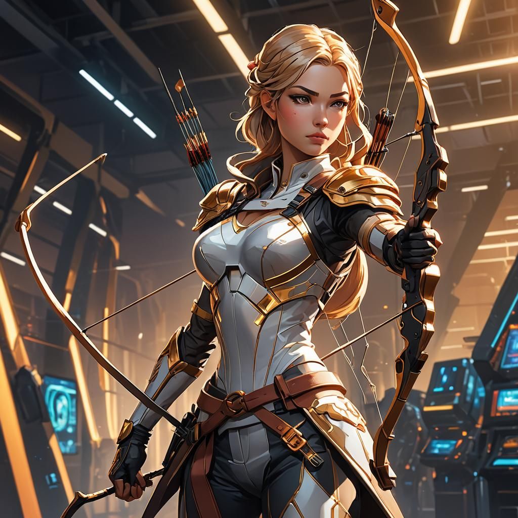 Anime Archer Ready in Futuristic Facility