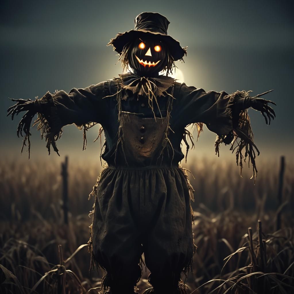 Eerie Scarecrow in Field at Night: Macro Photography