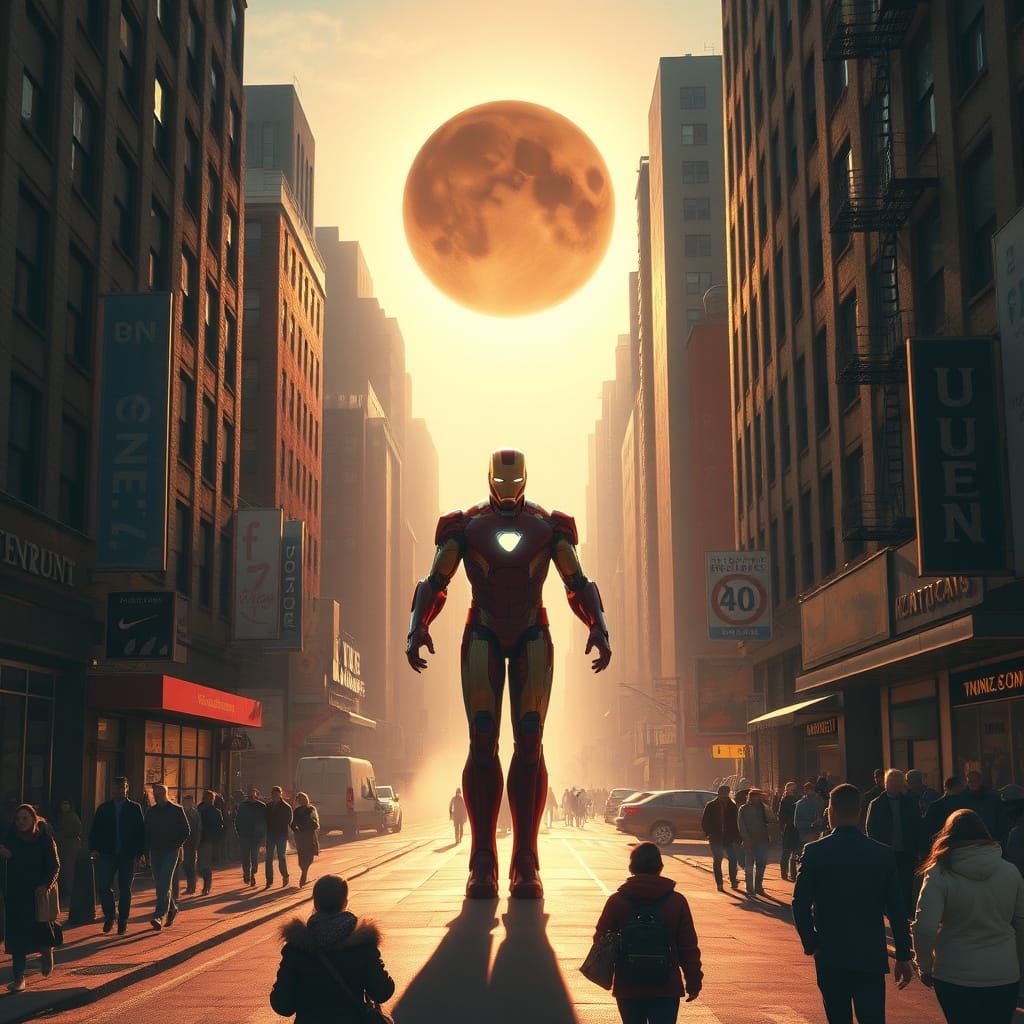 Iron Man in New York Under a Midnight Sun
