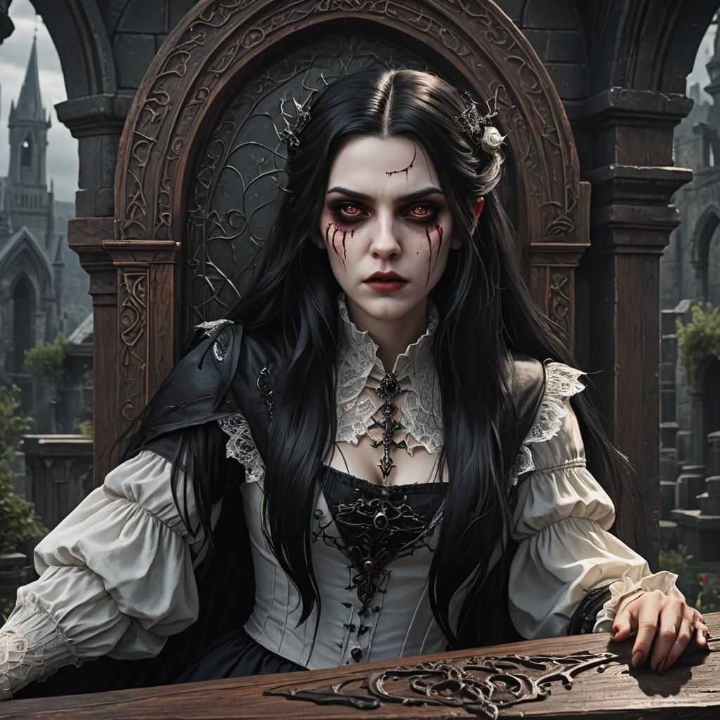 Annoyed Vampire Girl in Coffin: Detailed Digital Painting