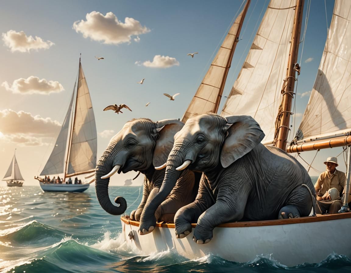 Elephants Sailing a Boat with Their Ears