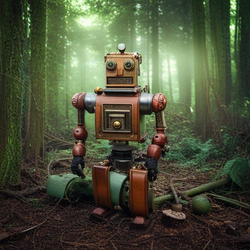 Steampunk Robot in Forest Landscape