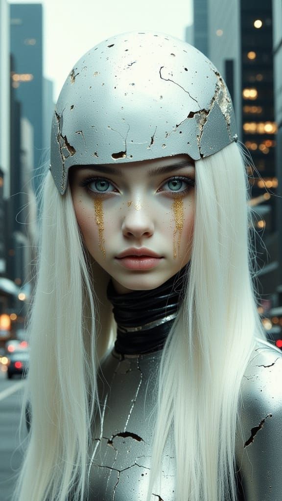 Cybernetic Goddess in Futuristic Metropolis