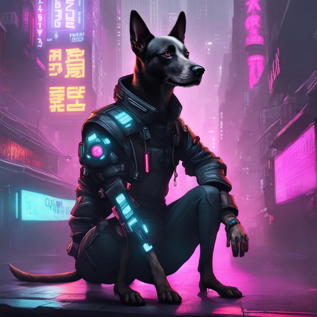 Cyberpunk Dog Person in Futuristic Cityscape