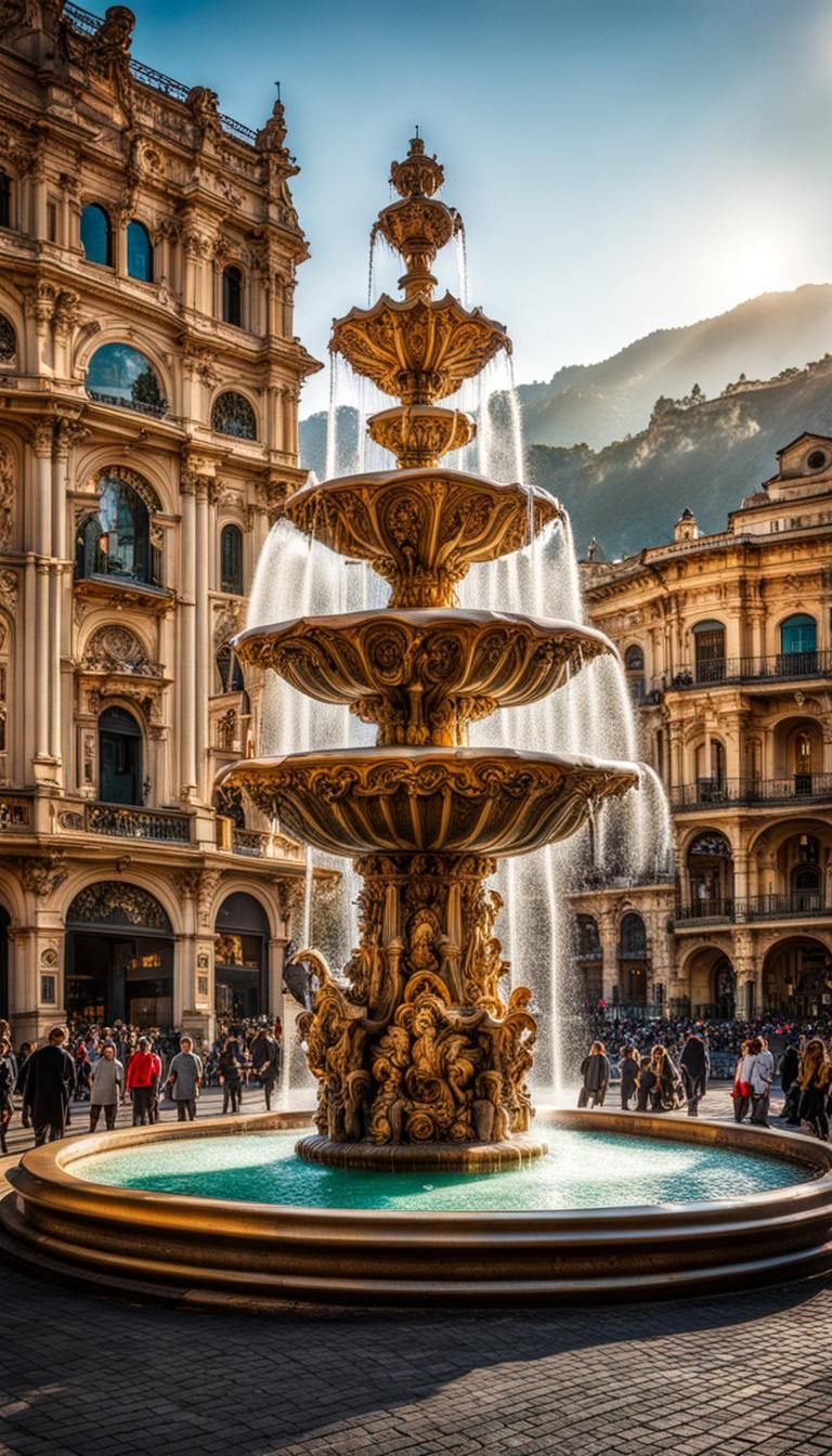 Renaissance Fountain in Retrofuturistic Town Square